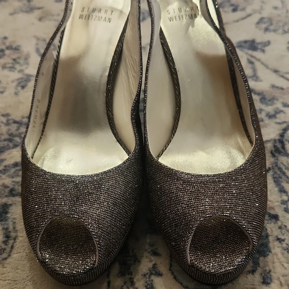 Stuart Weitzman Platform Sparkle Shimmer Pyrite Peeptoe Slingback Heel Size 8 - Picture 3 of 8